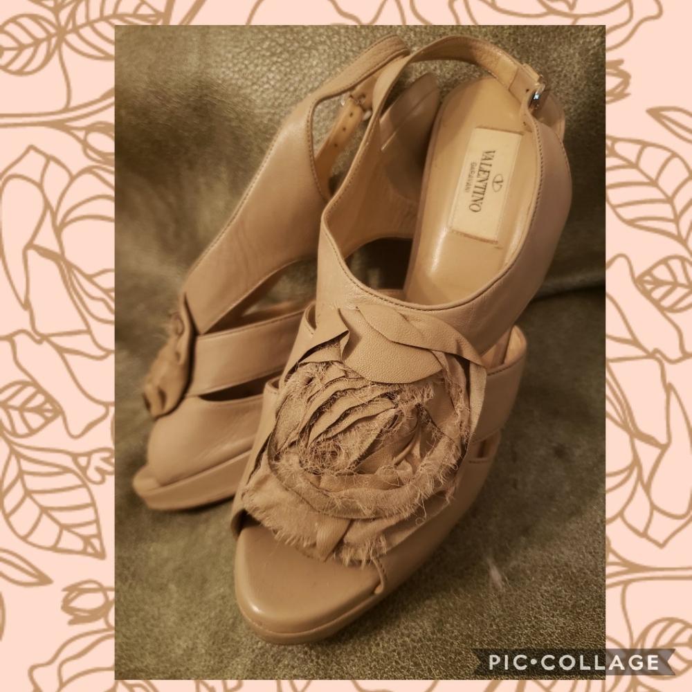 Valentino Beige Leather and Chiffon Rose Heels